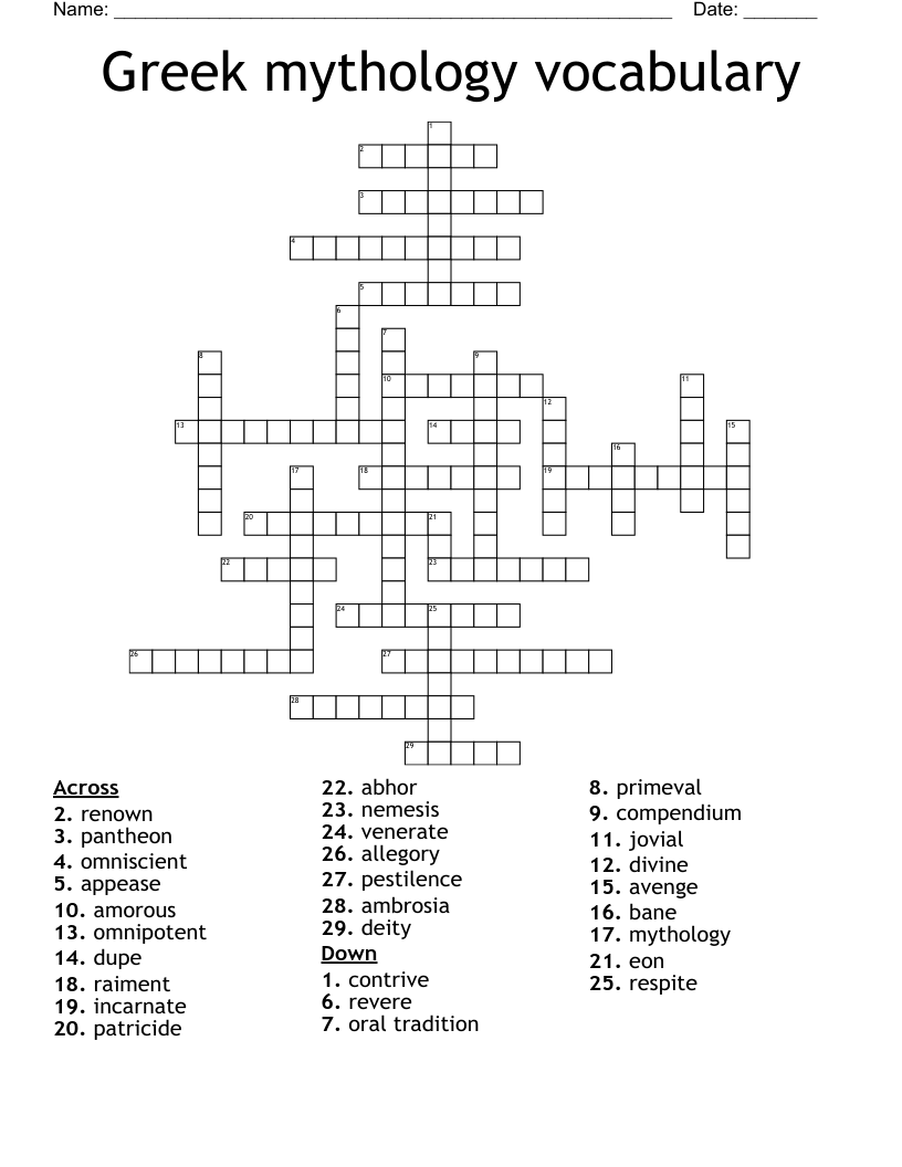Greek mythology vocabulary  Crossword