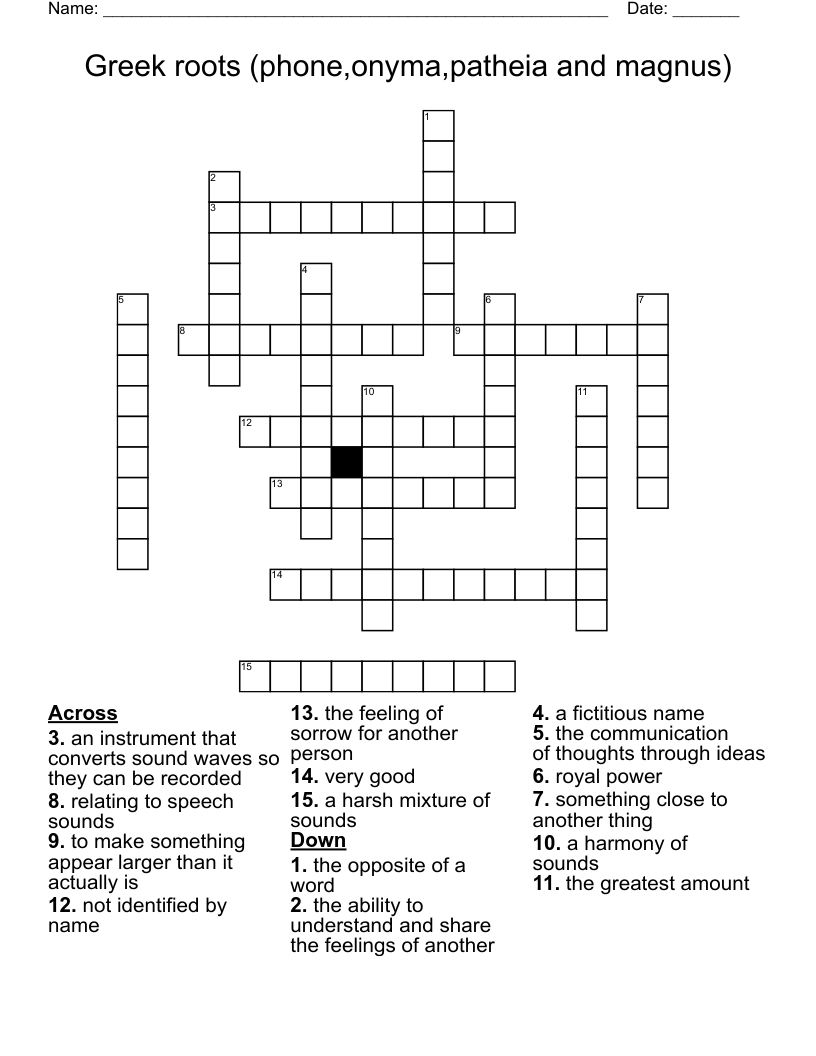 Greek roots (phone,onyma,patheia and magnus) Crossword