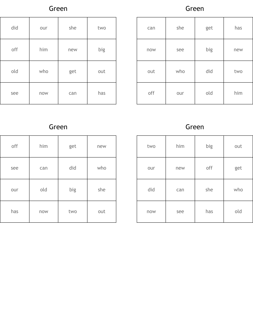 Green Bingo Cards