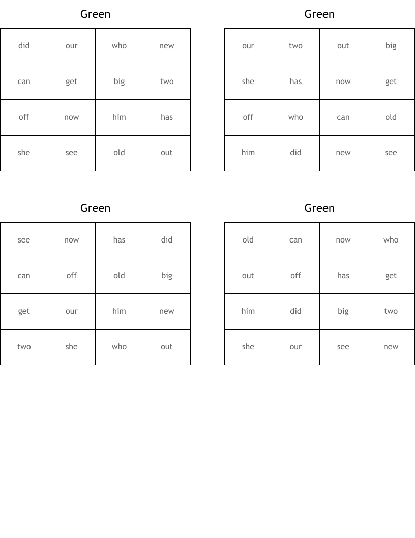 Green Bingo Cards