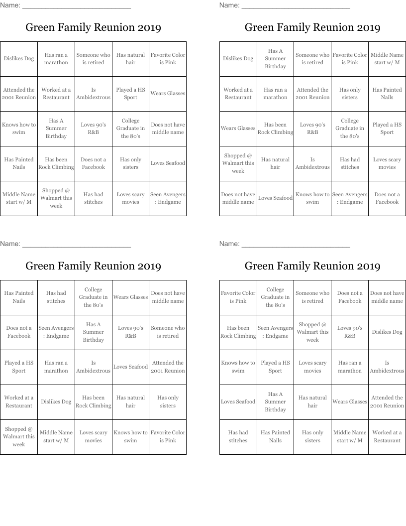Green Family Reunion 2019 Bingo Cards