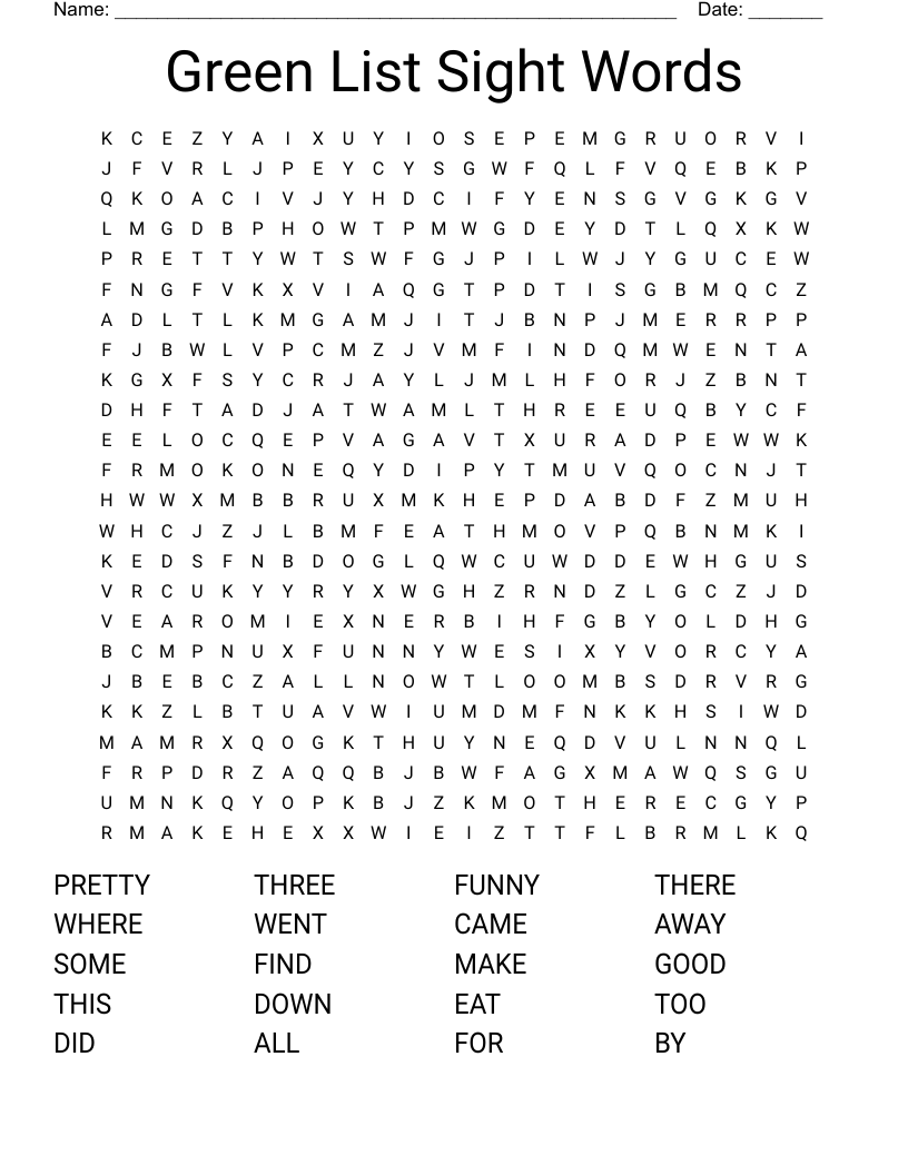 Green List Sight Words Word Search