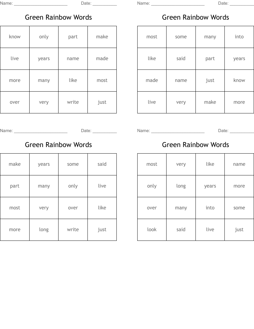 Green Rainbow Words Bingo Cards