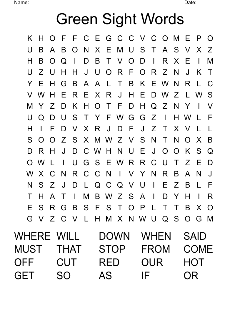 Green Sight Words Word Search