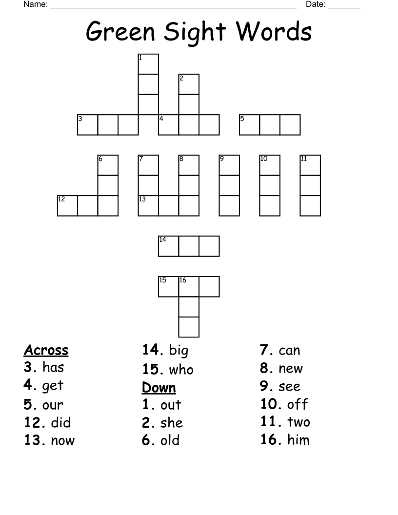 Green Sight Words Crossword