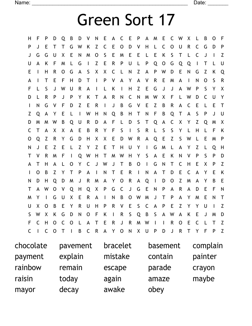 Green Sort 17 Word Search