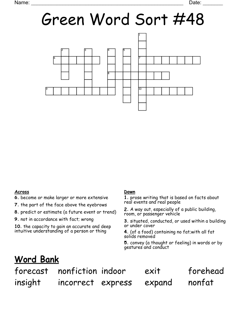 Green Word Sort #48 Crossword