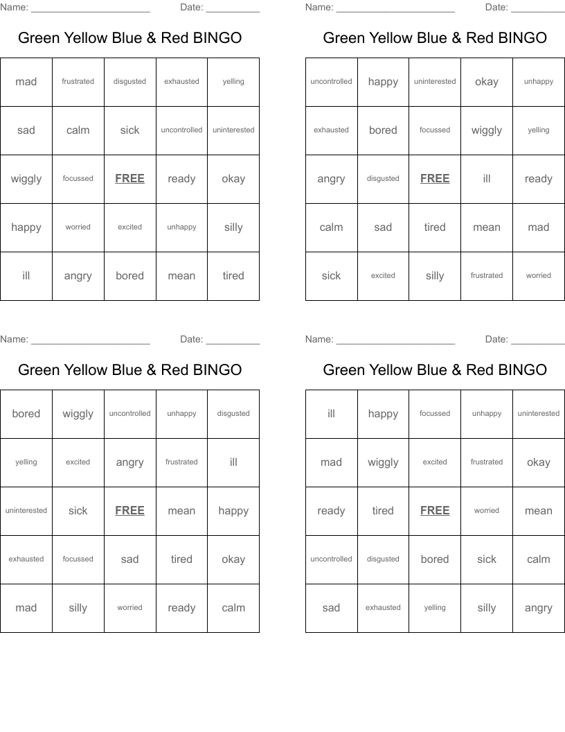 Green Yellow Blue & Red BINGO 