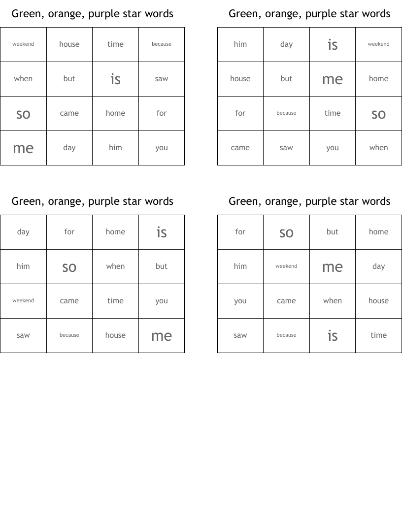 Green, orange, purple star words Bingo Cards