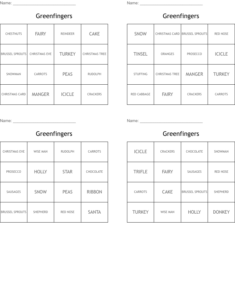 Greenfingers Bingo Cards