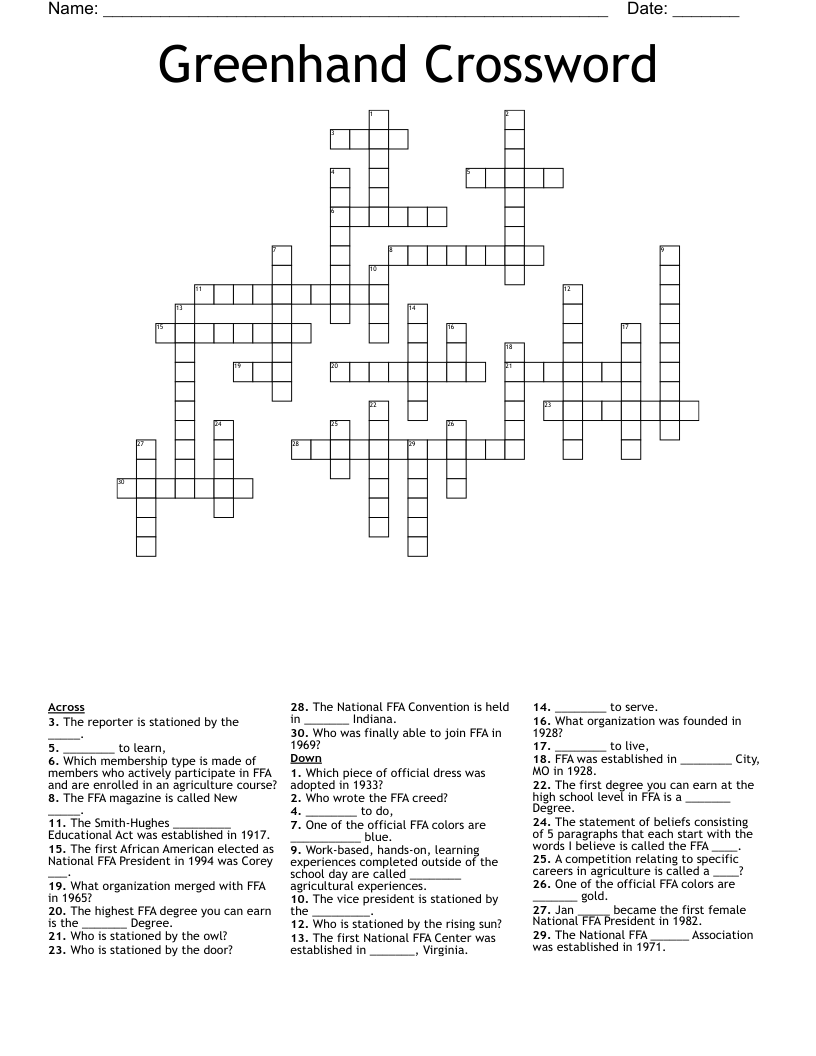 Greenhand Crossword
