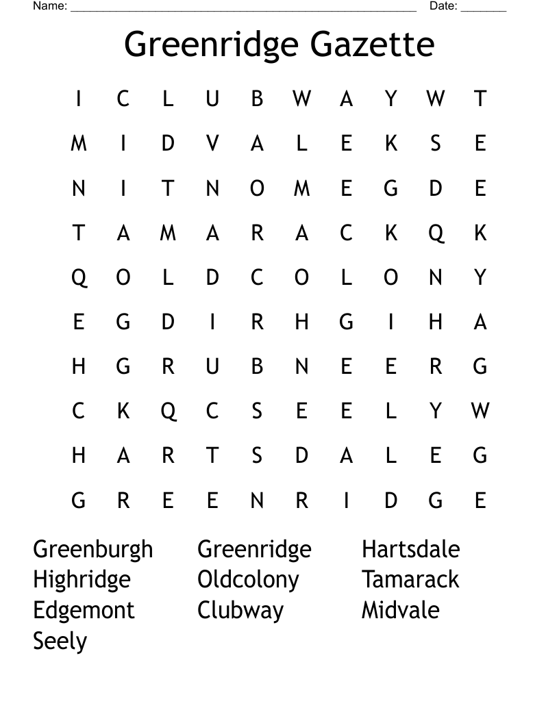 Greenridge Gazette Word Search