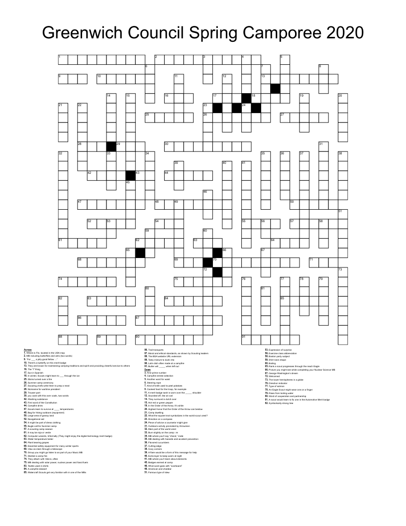 Greenwich Council Spring Camporee 2020 Crossword