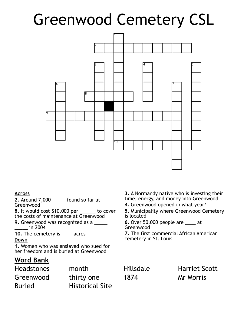Greenwood Cemetery CSL Crossword