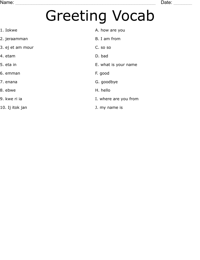 Greeting Vocab Worksheet