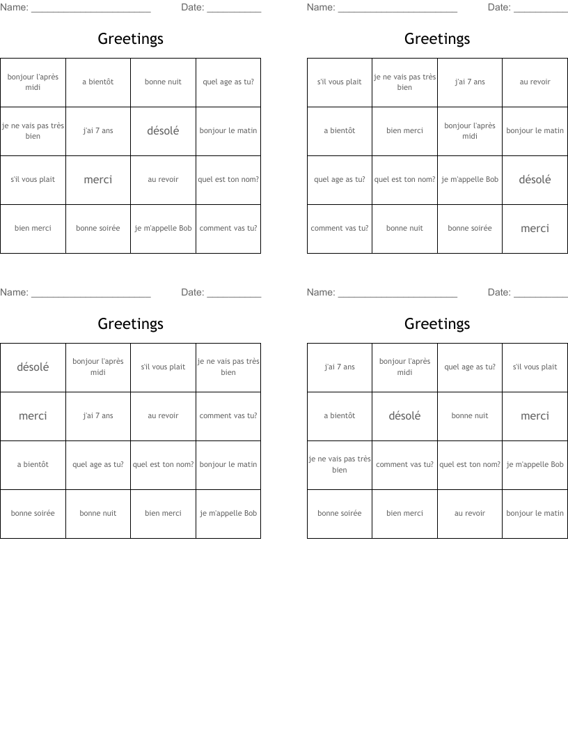 Greetings Bingo Cards