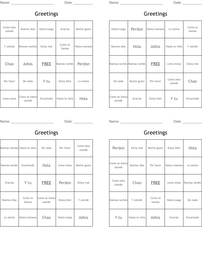 Greetings Bingo Cards