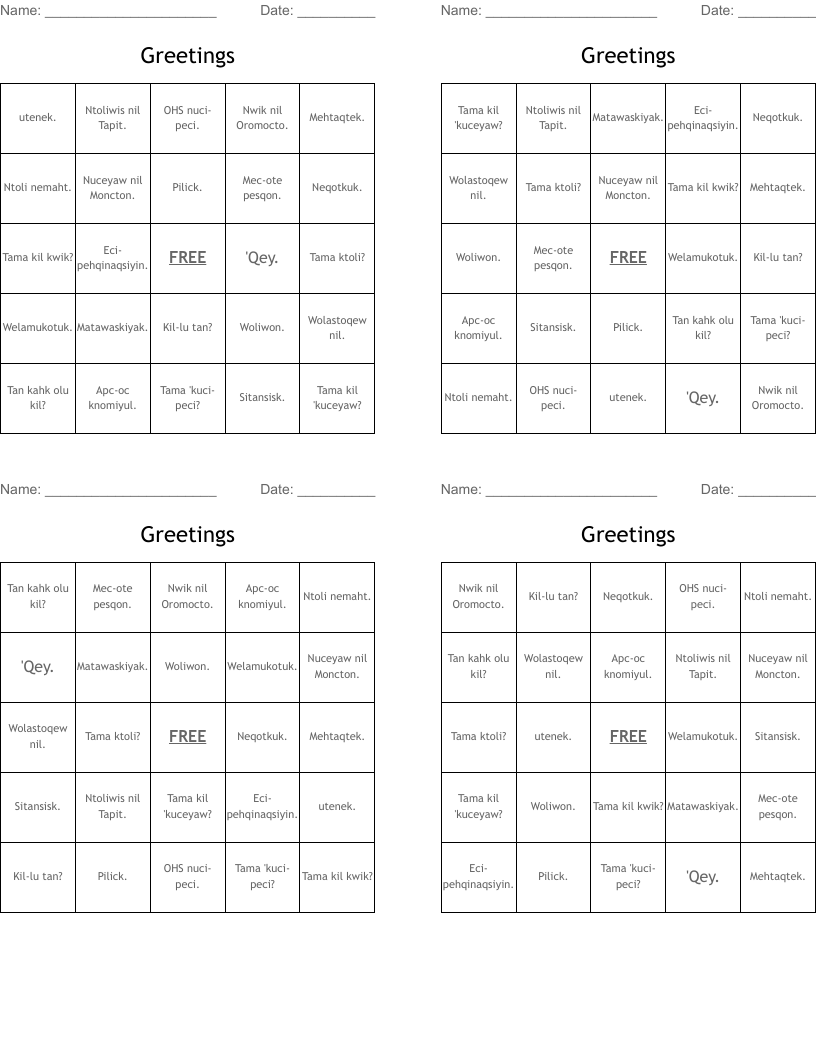 Greetings  Bingo Cards
