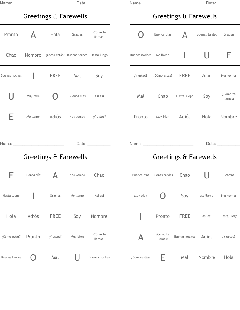 Greetings & Farewells Bingo Cards