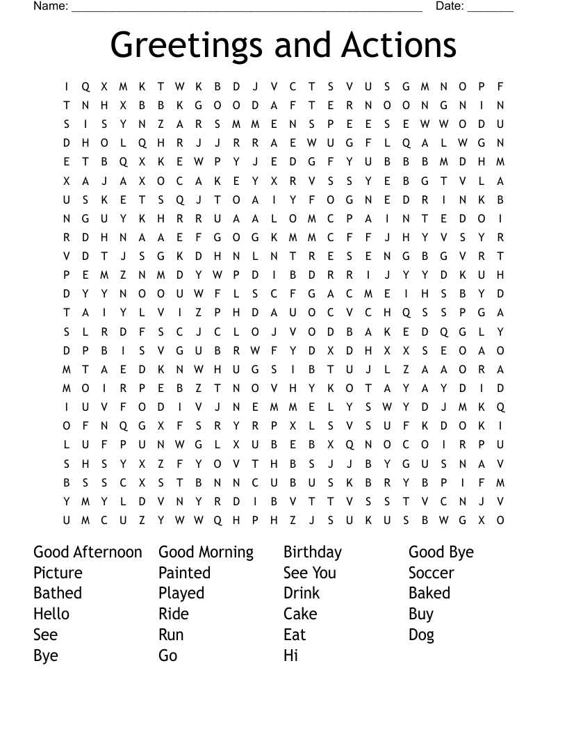 Greetings and Actions Word Search