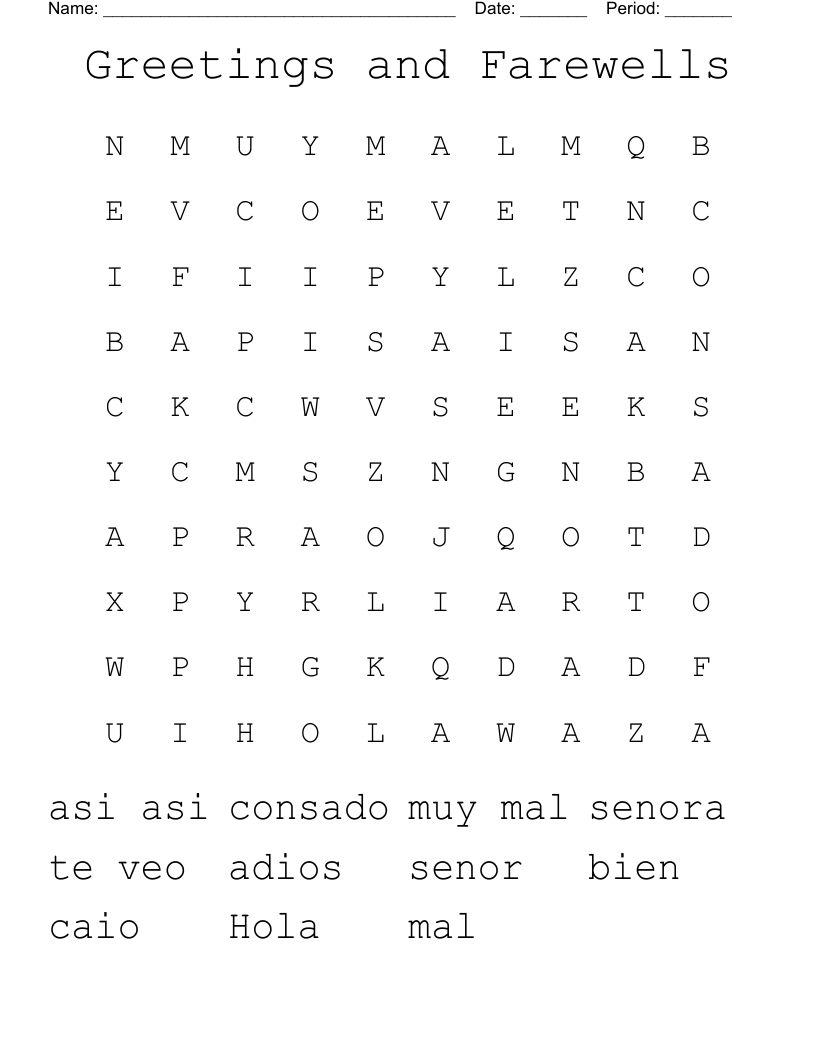 Greetings and Farewells Word Search