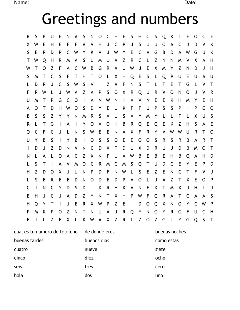Greetings and numbers Word Search