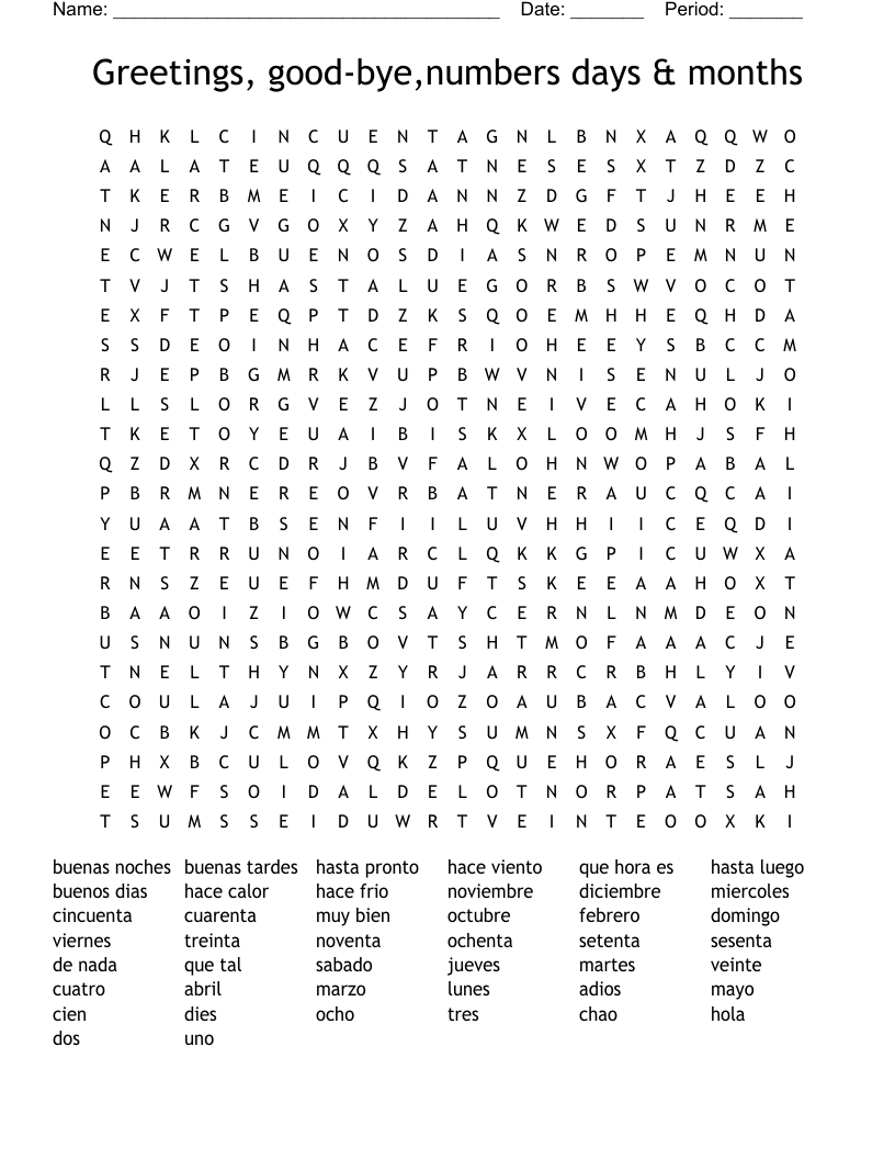 Greetings, good-bye,numbers days & months Word Search