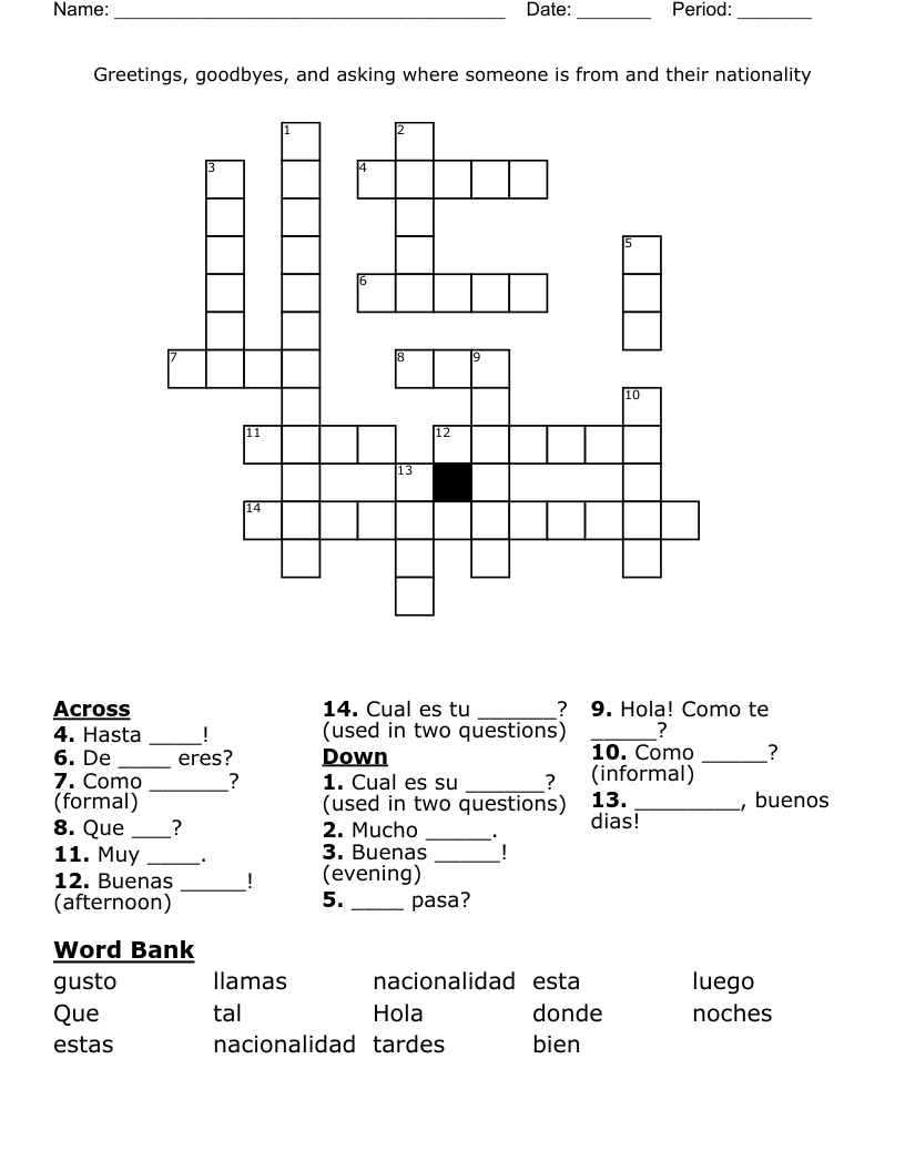 Greetings, goodbyes, and asking where someone is from and their nationality Crossword