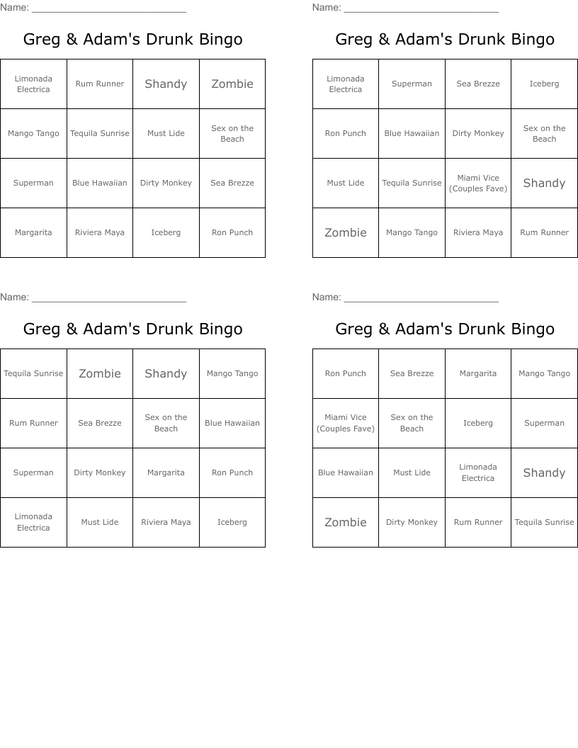 Greg & Adam's Drunk Bingo