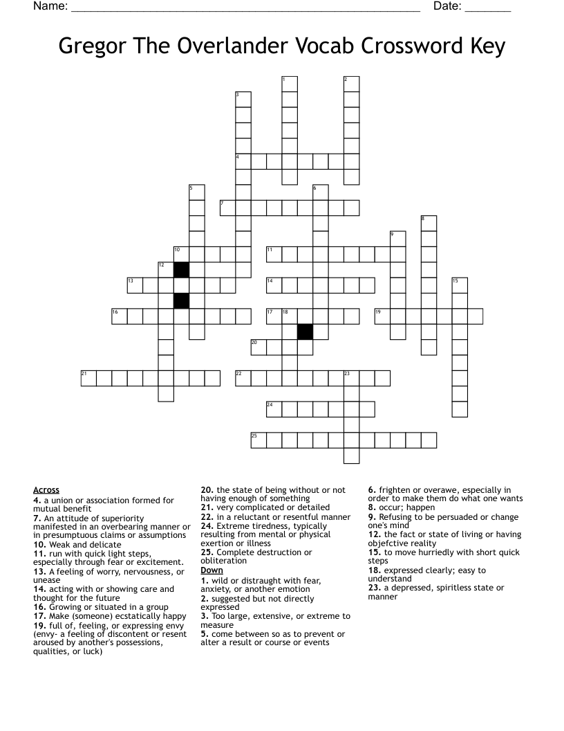 Gregor The Overlander Vocab Crossword Key
