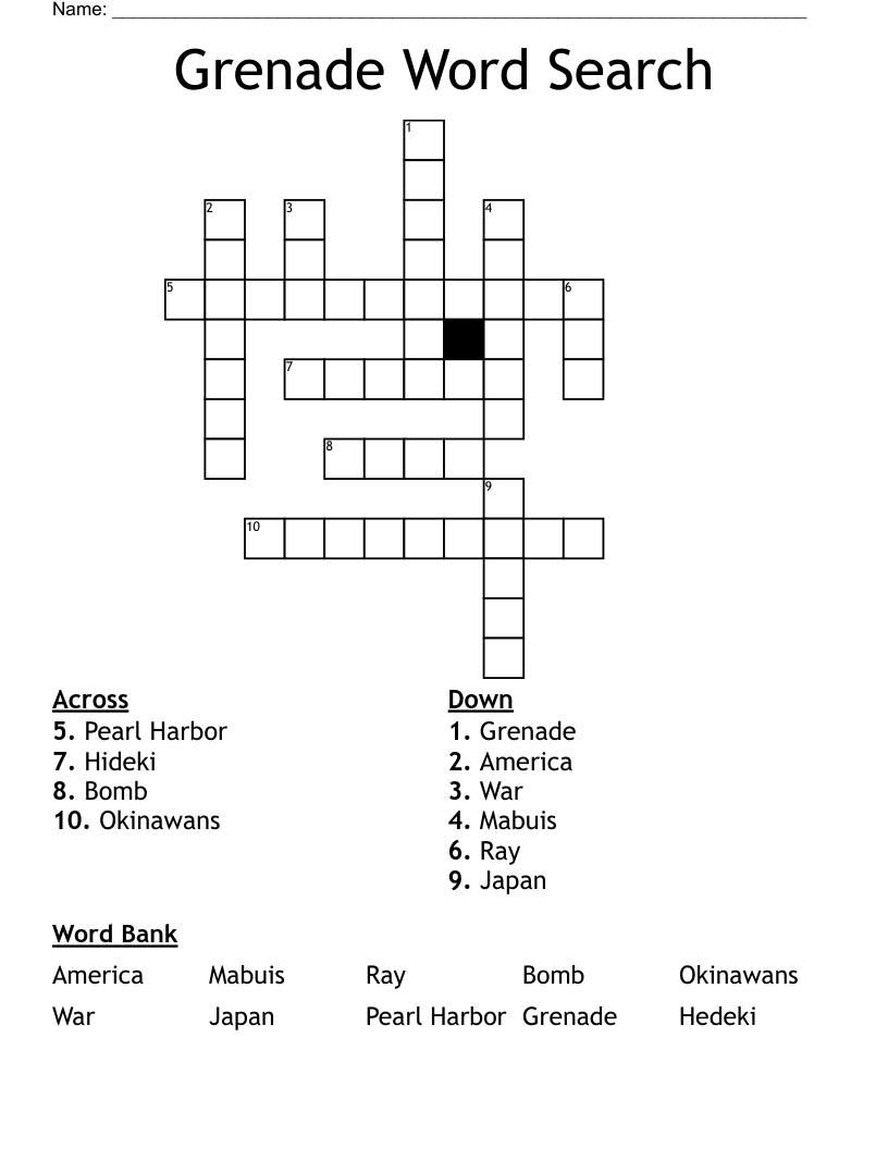 Grenade Word Search Crossword