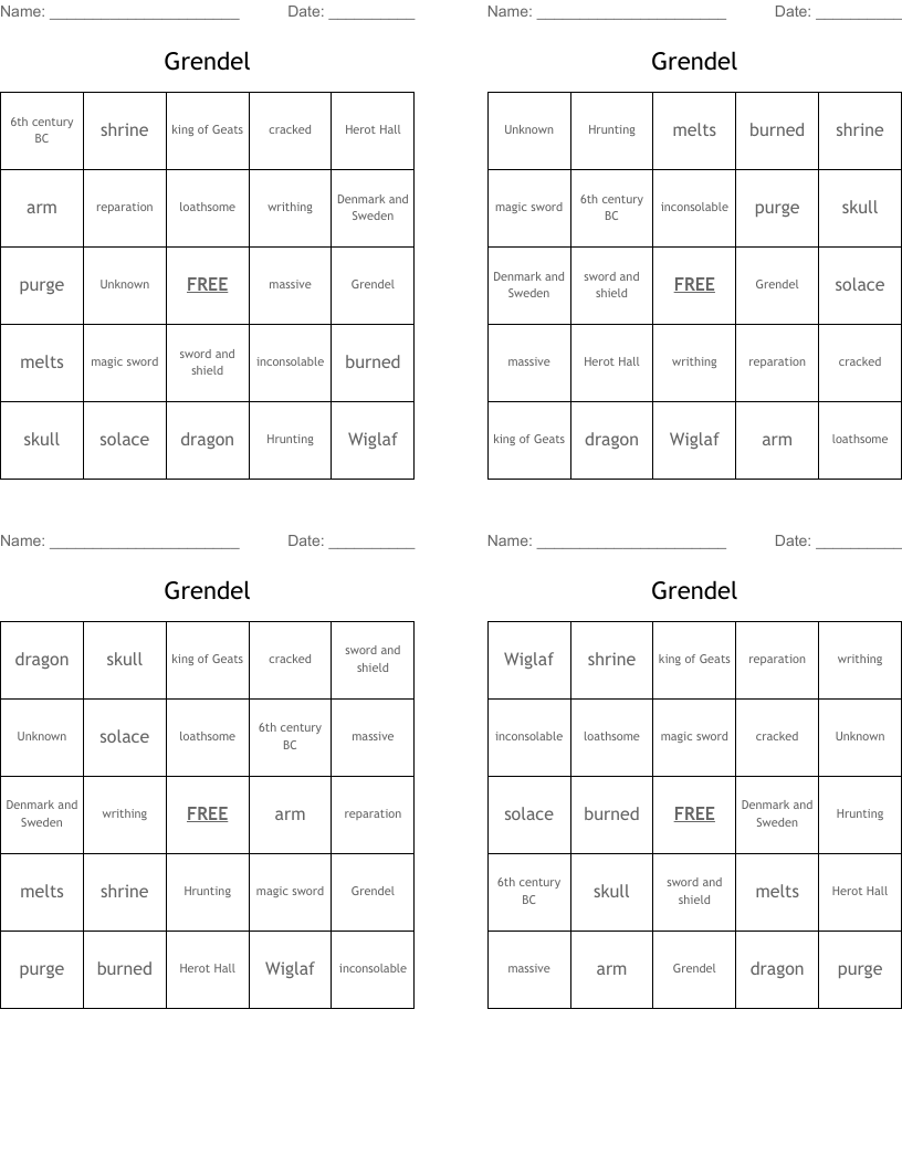 Grendel Bingo Cards