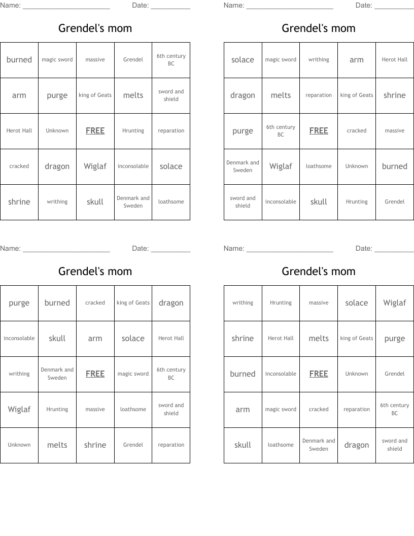 Grendel's mom Bingo Cards