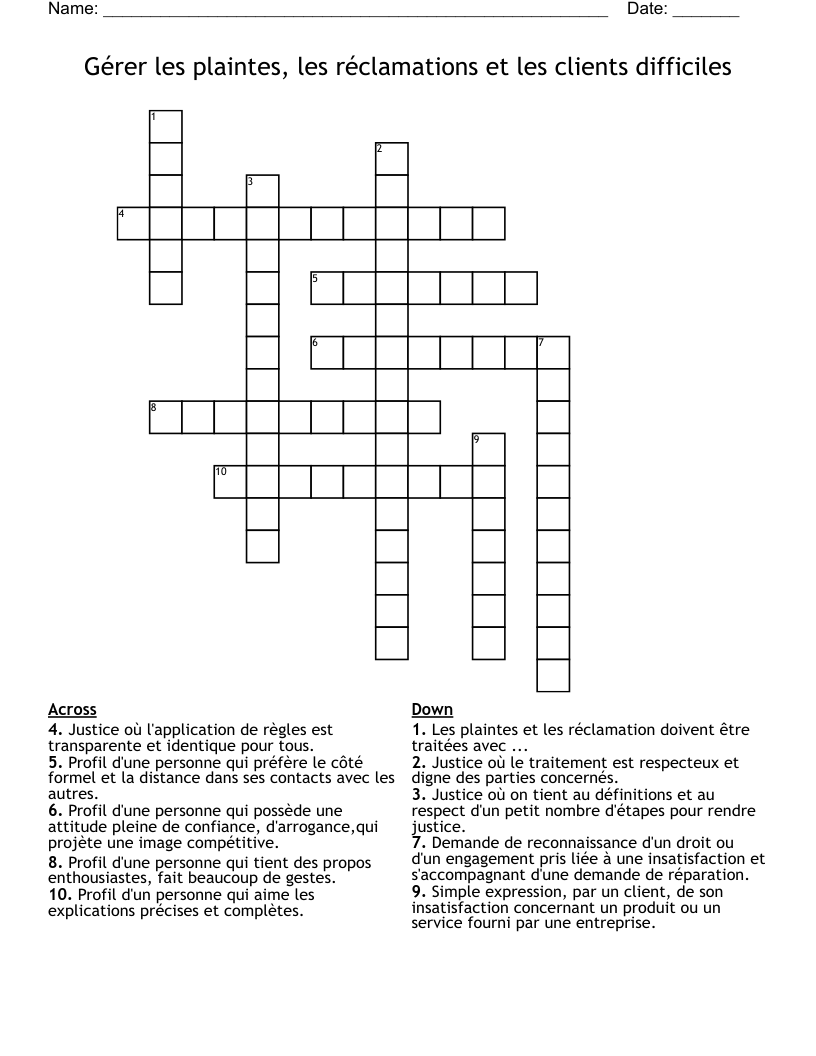 Gérer les plaintes, les réclamations et les clients difficiles Crossword