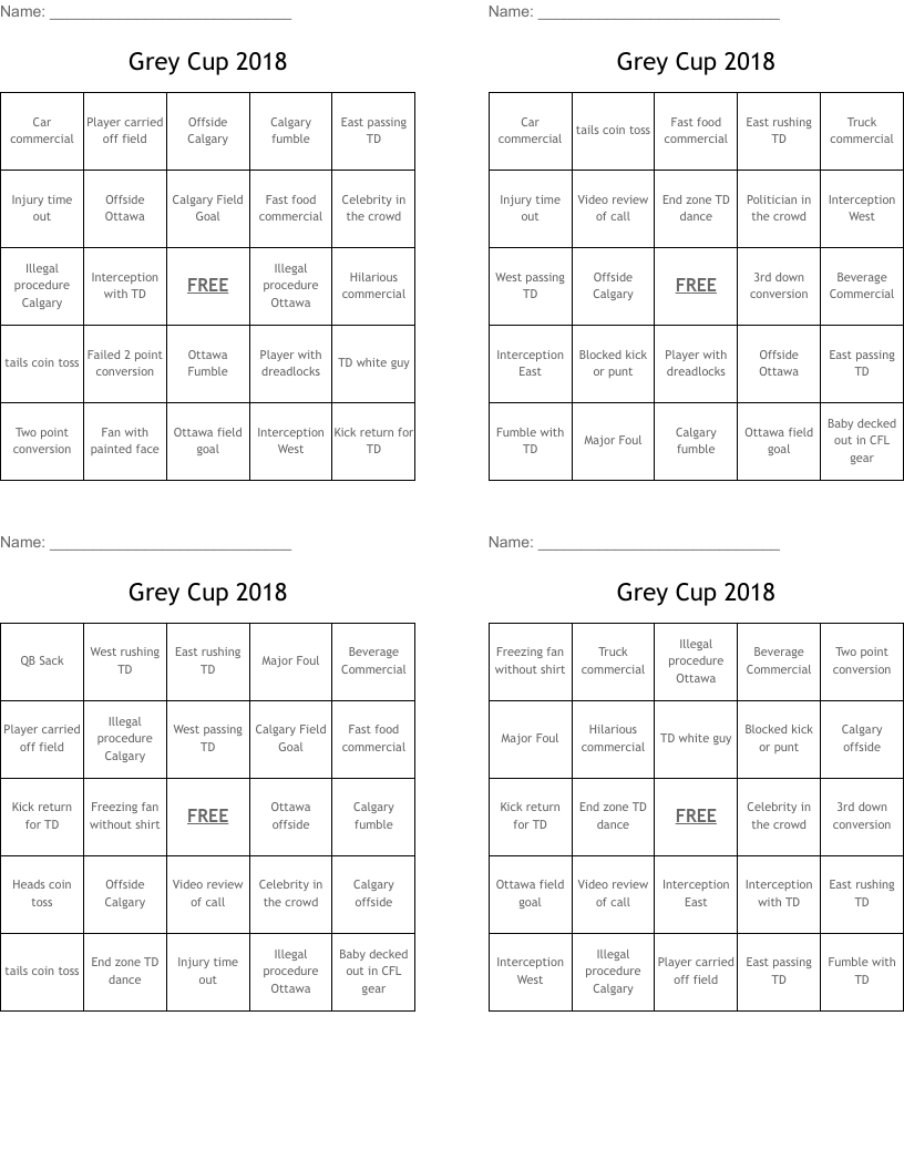 Grey Cup 2018 Bingo Cards