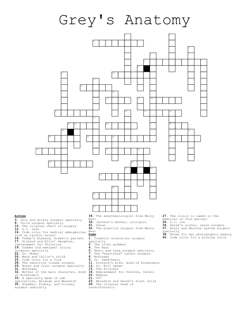 Grey's Anatomy Crossword