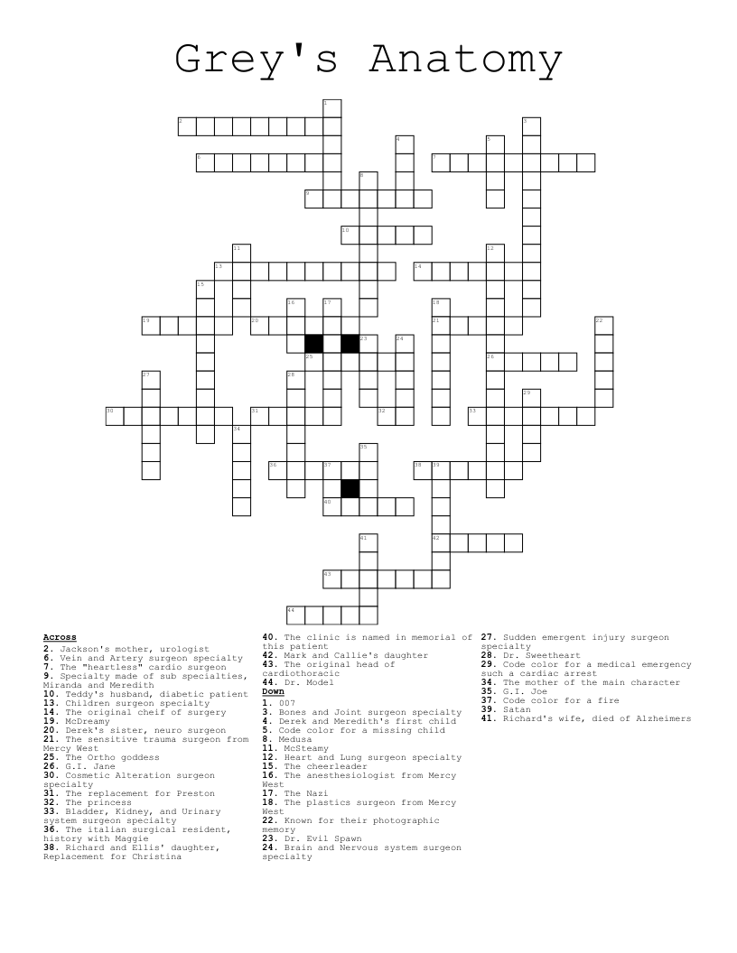 Grey's Anatomy Crossword
