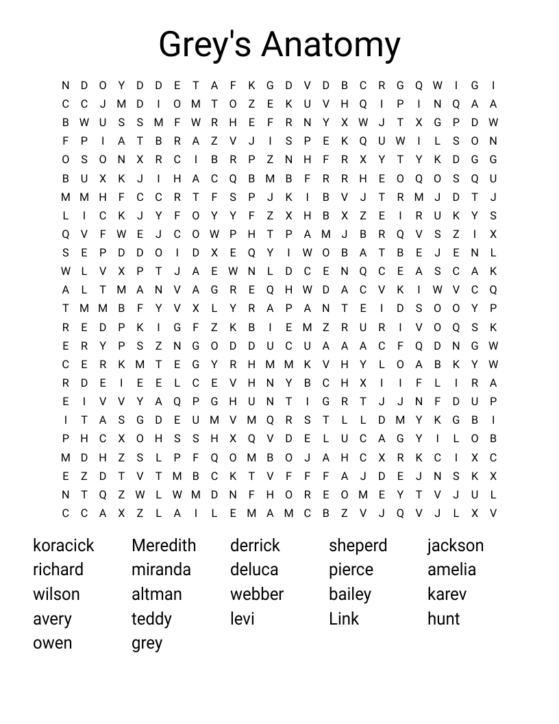 Grey's Anatomy Word Search