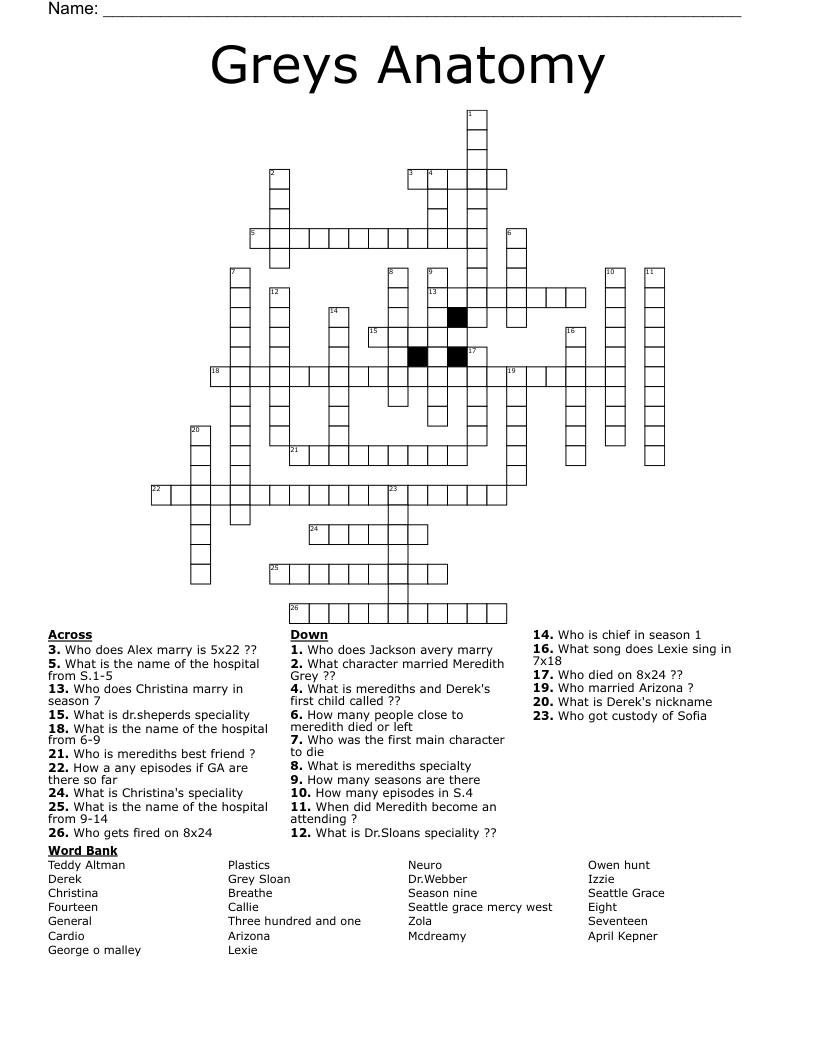 Greys Anatomy Crossword