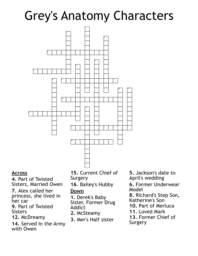 Grey's Anatomy Characters Crossword