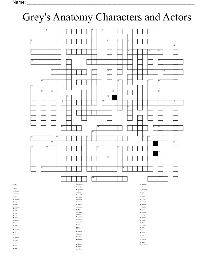 Grey's Anatomy Characters and Actors Crossword