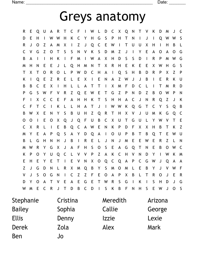 Greys anatomy Word Search