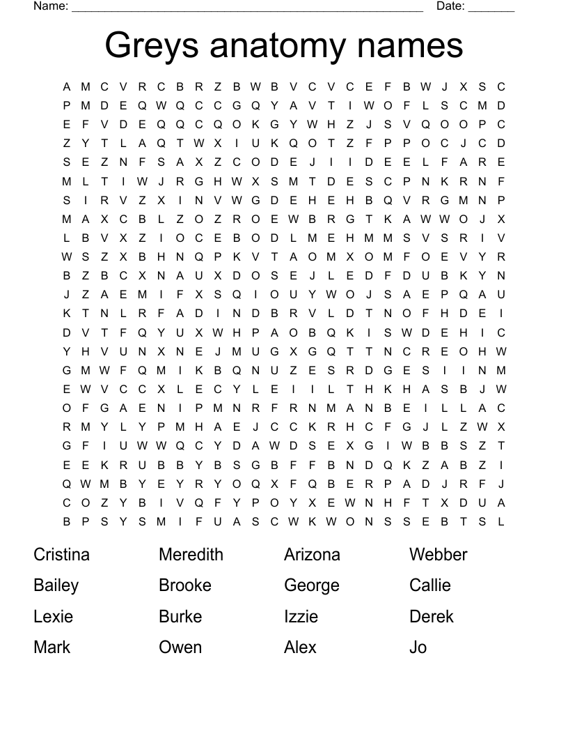 Greys anatomy names Word Search