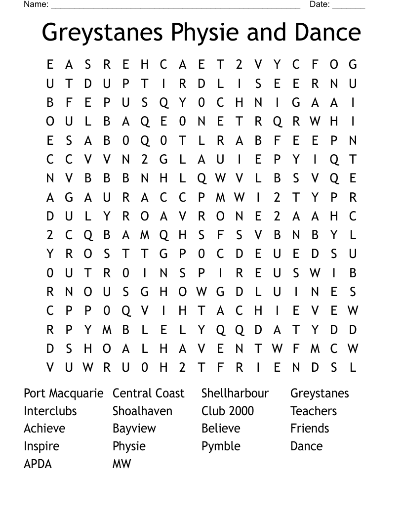 Greystanes Physie and Dance Word Search