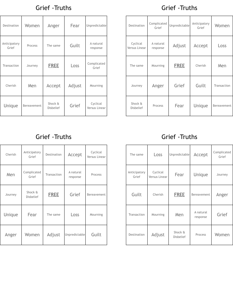 Grief -Truths Bingo Cards