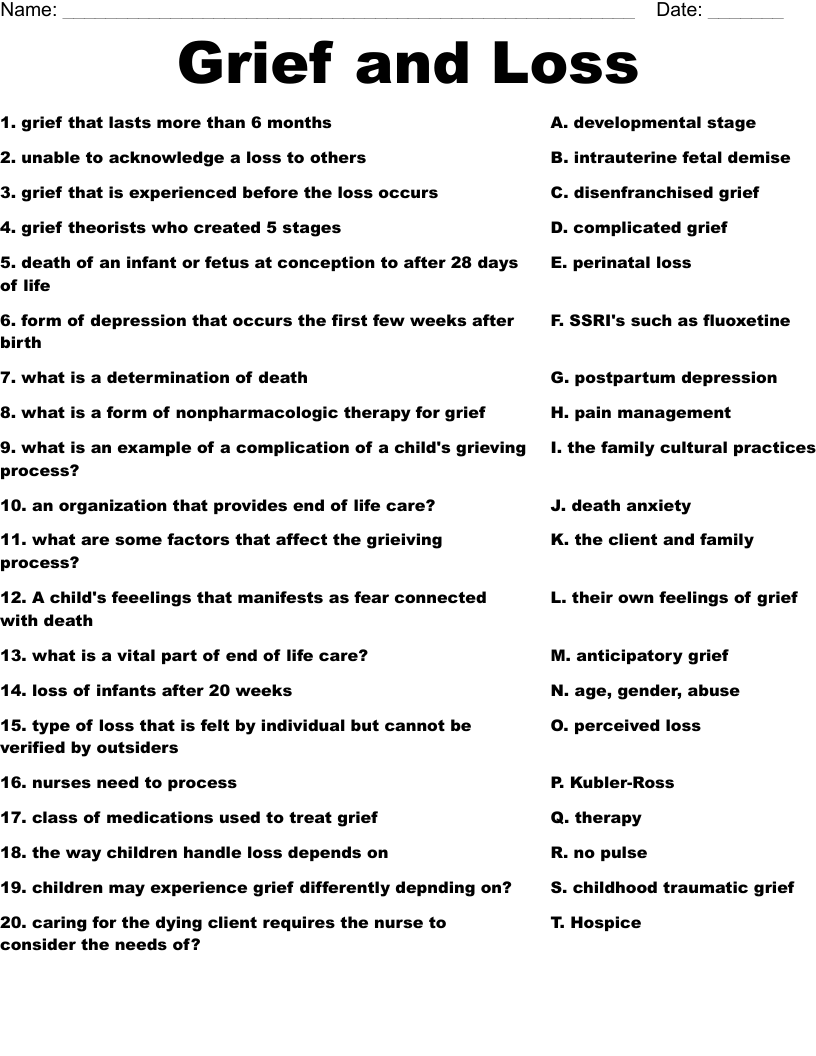 Grief and Loss Worksheet