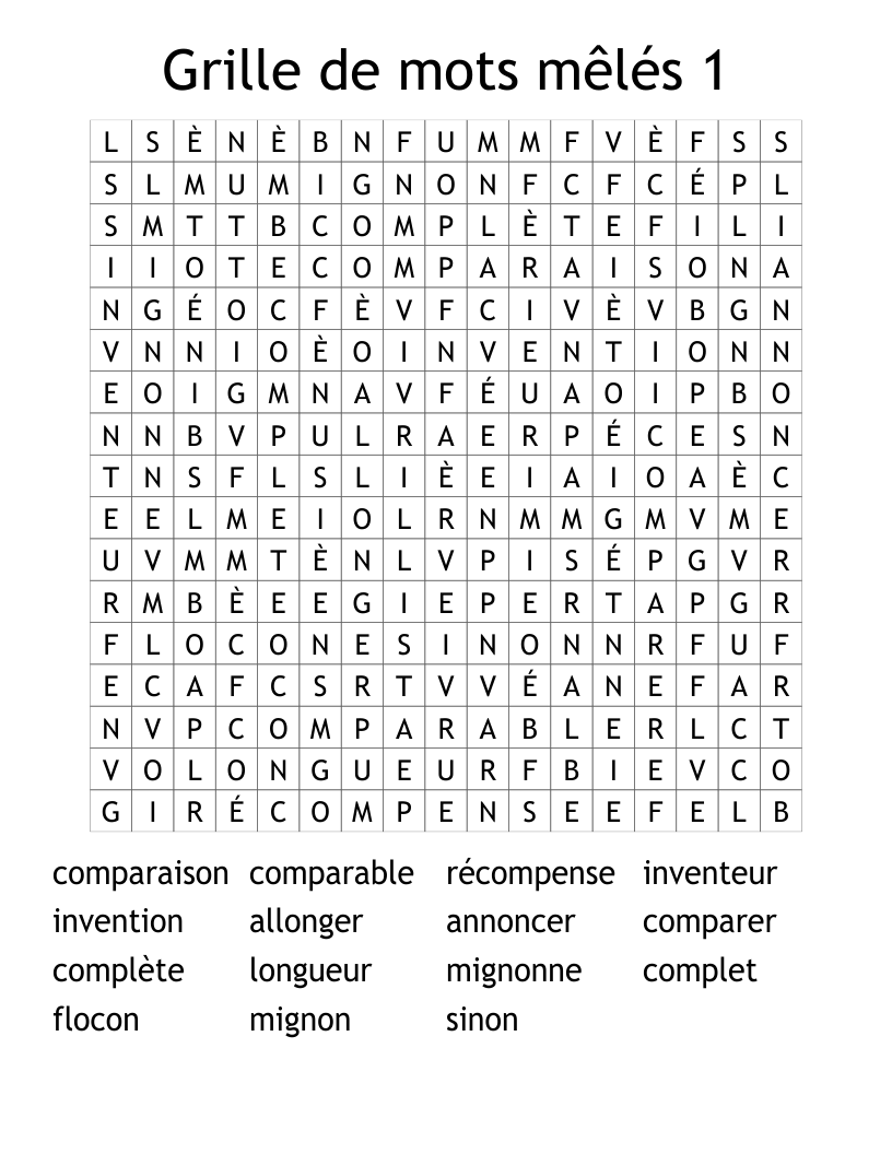Grille de mots mêlés 1 Word Search