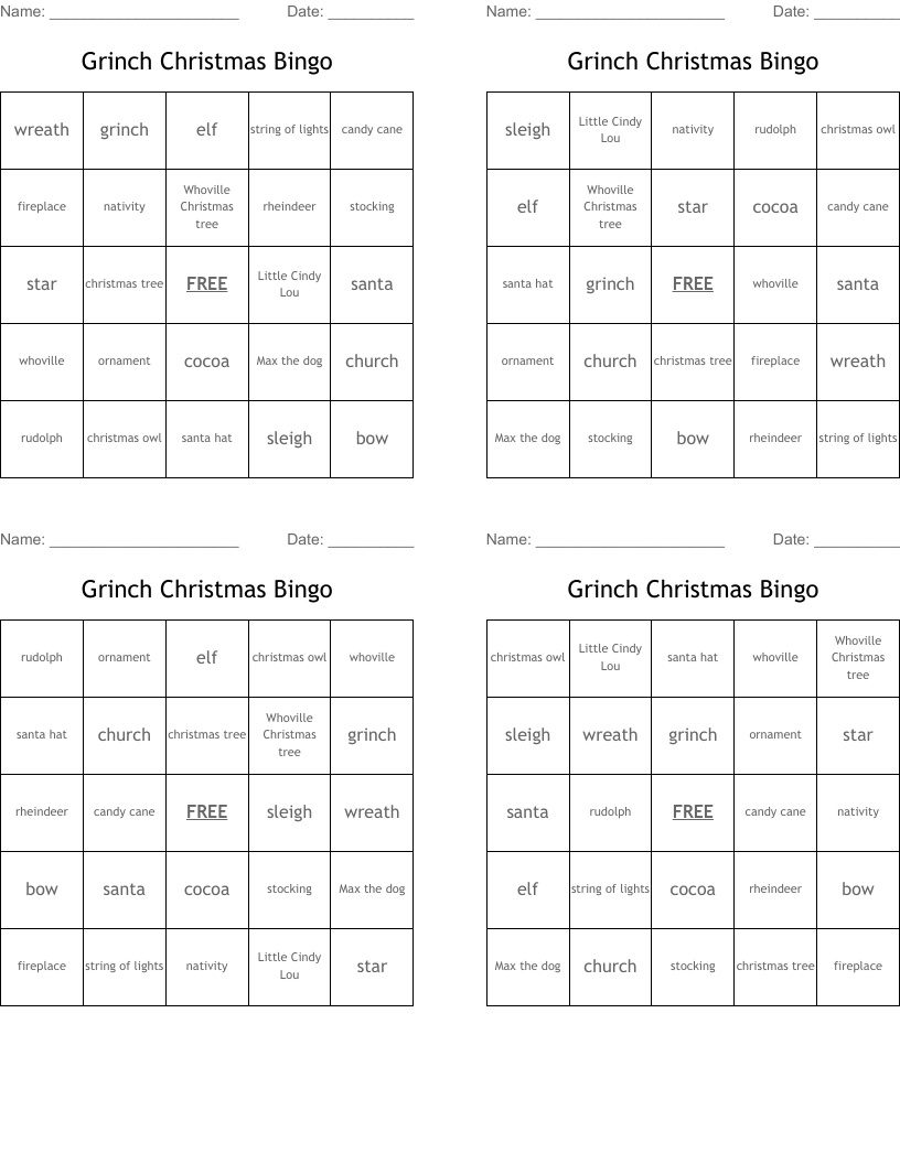 Grinch Christmas Bingo
