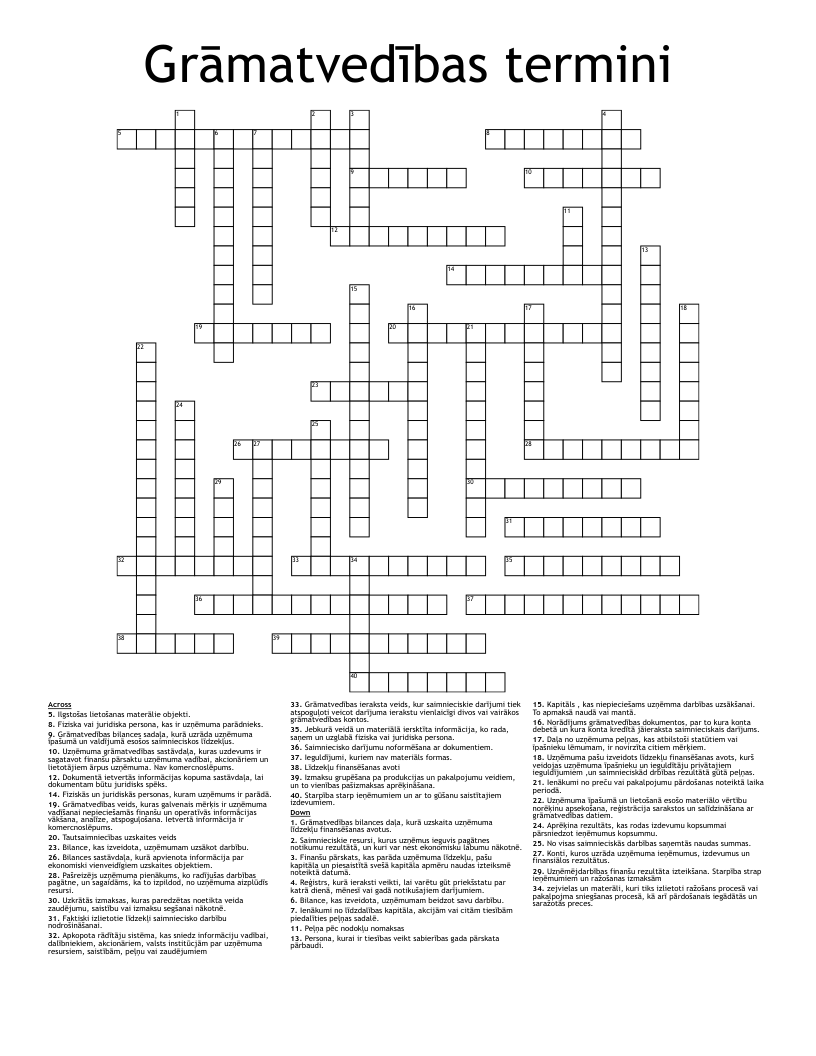 Grāmatvedības termini Crossword