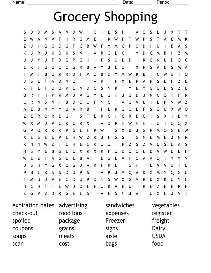 Grocery Shopping  Word Search